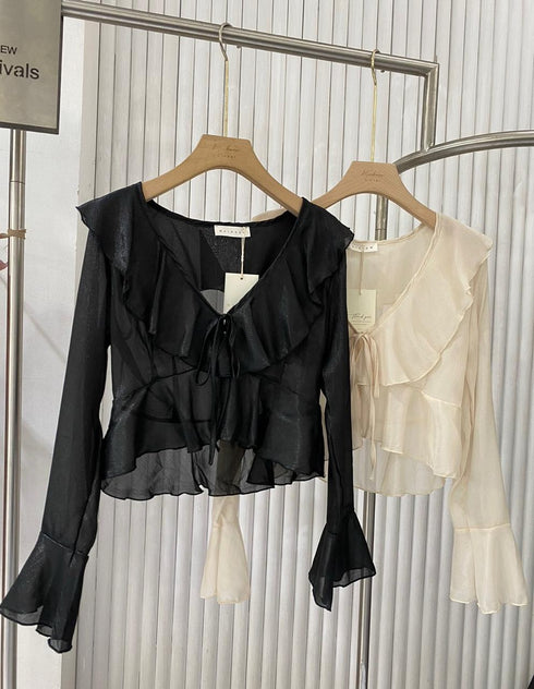 Spring Ruffled Neckline Crop Tops